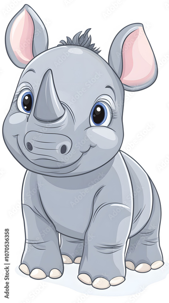 Cartoon illustration of a cute rhino character in a playful, wildlife-themed setting with other animals Cartoon illustration of a cute rhino character in a playful, wildlife-themed setting with other animals