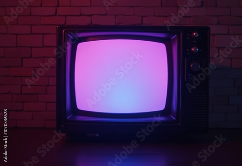 A retro television set with a neon pink and blue glow against a brick wall background