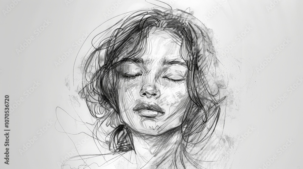 A detailed sketch features a woman with closed eyes and tousled hair, embodying serenity and introspection, captured in a soft, artistic manner with intricate lines A detailed sketch features a woman with closed eyes and tousled hair, embodying serenity and introspection, captured in a soft, artistic manner with intricate lines