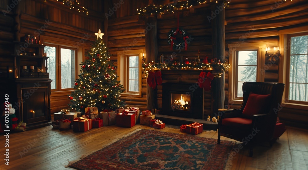 Cozy Christmas Cabin Interior with Fireplace Decorated Tree and Gifts Cozy Christmas Cabin Interior with Fireplace Decorated Tree and Gifts
