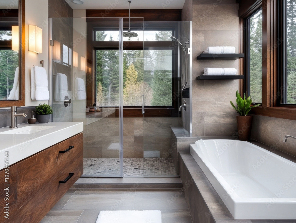 Fototapeta premium A serene bathroom with a rain shower, glass enclosure, and natural stone tiles, creating a spa-like atmosphere.