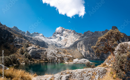 The Churup Lagoon with Turquoise Waters at the Foot of the Snow-Capped Cordillera Blanca is Located in the Huascaran National Park, in Ancash, Peru