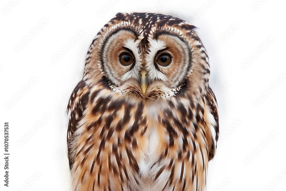 Fototapeta premium Front view of a perched owl on a white background