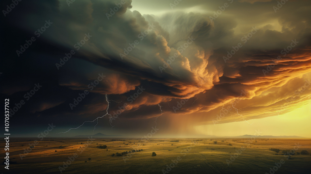 Obraz premium A dramatic thunderstorm captured over a vast landscape, with swirling clouds and vivid lightning creating a remarkable atmospheric scene.
