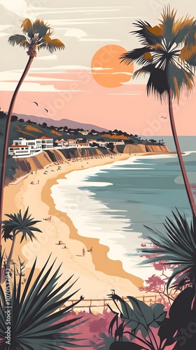 Vector illustration of Malibu beach in California, in the style of a retro style, flat design
