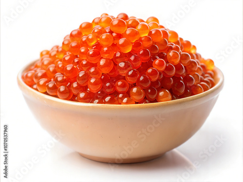 Red salmon caviar isolated on a white background, view from above. Delicious red caviar.