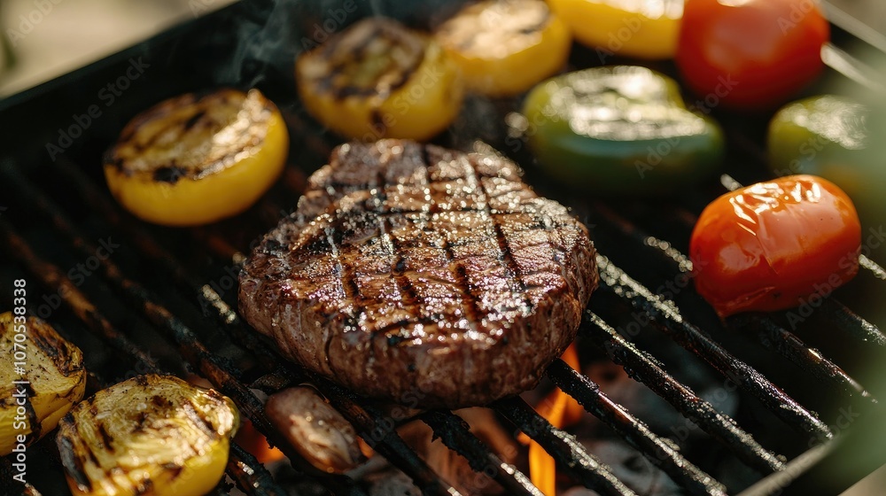 Steak, grilled vegetables, summer barbecue, outdoor dining
