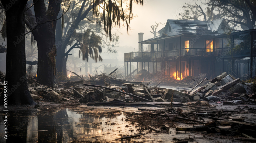Obraz premium A burnt residential area with trees and debris shows aftermath of fire, illustrating destruction and the need for hope and rebuilding.