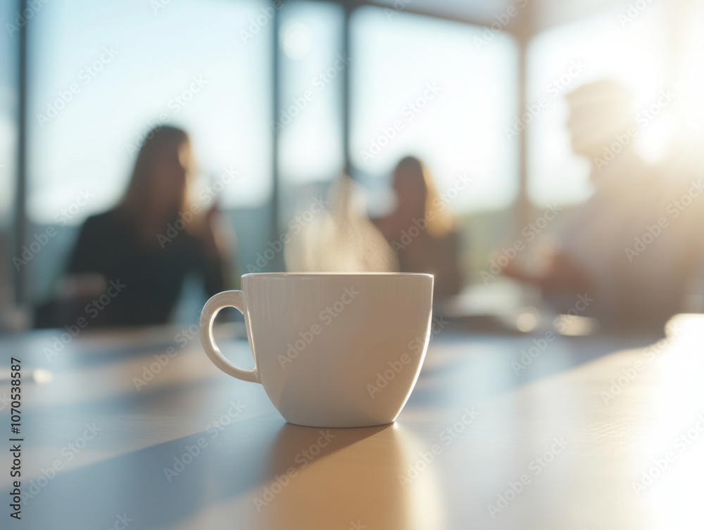 steaming cup of coffee sits on table, with blurred people in background, creating warm and inviting atmosphere perfect for socializing or working steaming cup of coffee sits on table, with blurred people in background, creating warm and inviting atmosphere perfect for socializing or working