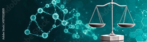 Balance scale icon with genetic symbols hovering on a dark, vibrant background, soft blue tones, representing the delicate balance of bioethics