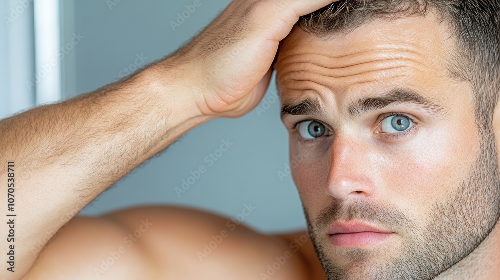 Obraz premium Man with blue eyes touching his hair, looking concerned, AI