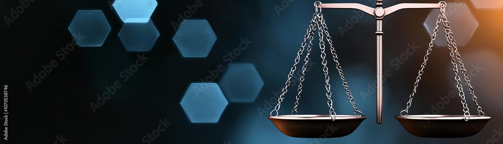 Balance scale icon with genetic symbols hovering on a dark, vibrant background, soft blue tones, representing the delicate balance of bioethics