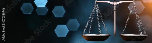 Obraz na płótnie Balance scale icon with genetic symbols hovering on a dark, vibrant background, soft blue tones, representing the delicate balance of bioethics w salonie