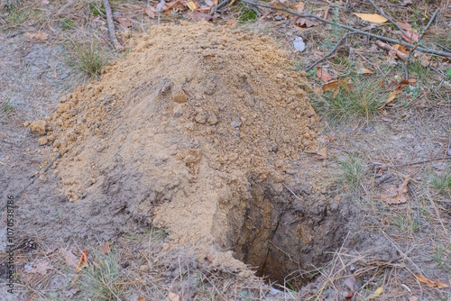 Wallpaper Mural one pit in gray brown round sand in nature in the forest Torontodigital.ca