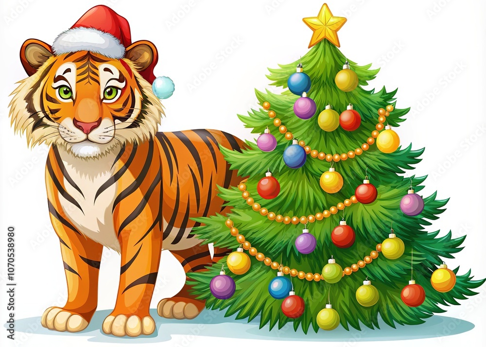 Fototapeta premium Merry Christmas Tiger Santa Aerial Illustration - Holiday Banner Design