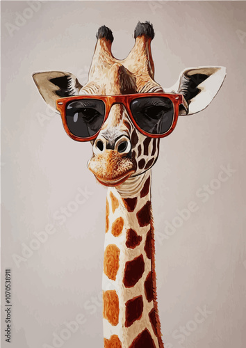 Colorful vector of a giraffe with bright red sunglasses, giving a stylish and playful vibe. Perfect for cheerful and trendy designs.