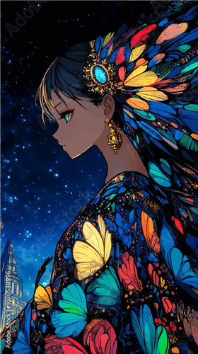 Vector of a woman in a vibrant, butterfly-adorned attire, gazing into a starry sky. A stunning mix of fantasy and elegance.