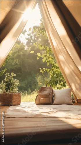 Serene vector of a glamping tent interior with morning light, nature views, and cozy decor. Perfect for travel and outdoor themes.