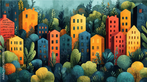 Colorful abstract village art with stylized buildings surrounded by vibrant greenery, blending urban and nature themes in a unique composition.