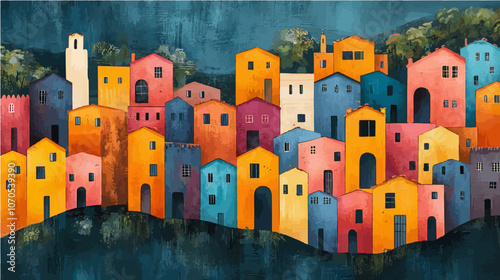 Colorful hillside village scene with charming homes in various colors, set against a deep green forest backdrop.