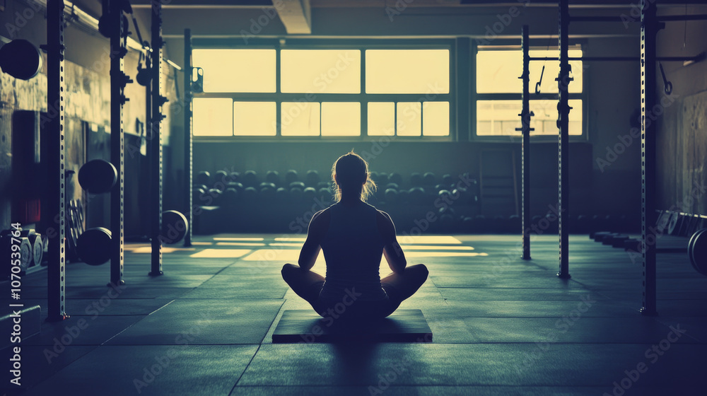 Fototapeta premium person meditating in gym, surrounded by weights and fitness equipment, creating serene atmosphere. light enhances calmness of scene
