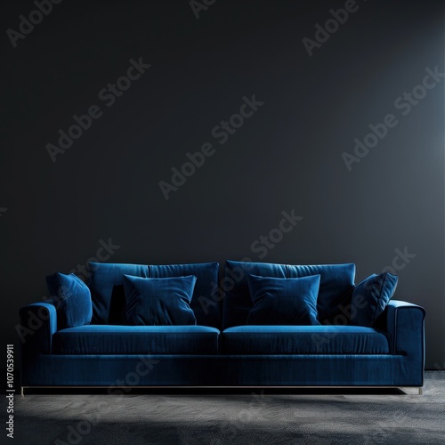 A blue velvet sofa with gold legs sits in front of a dark gray concrete wall