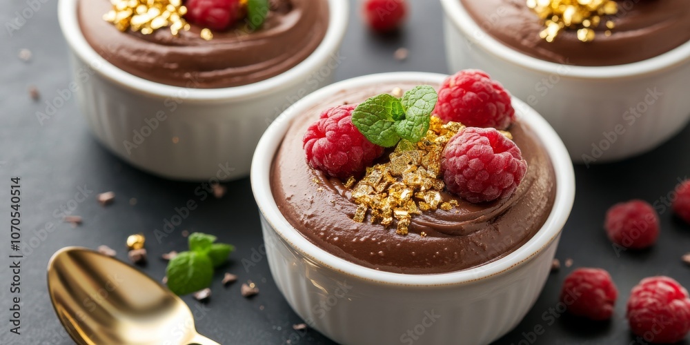 Indulge in a rich chocolate mousse that's topped with a thin, sparkling gold leaf. This creamy dessert is incredibly smooth and melts in your mouth with each bite. Indulge in a rich chocolate mousse that's topped with a thin, sparkling gold leaf. This creamy dessert is incredibly smooth and melts in your mouth with each bite.