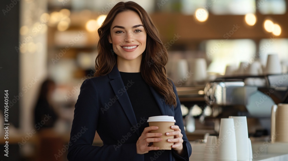 Smiling Businesswoman Holding Coffee in Cafe Smiling Businesswoman Holding Coffee in Cafe