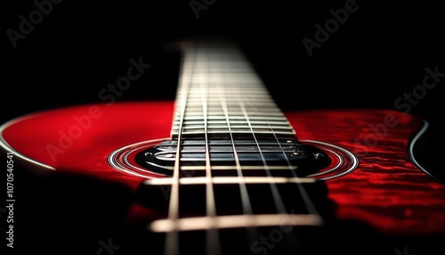 Close-up of a red acoustic guitar with detailed strings set against a dark background