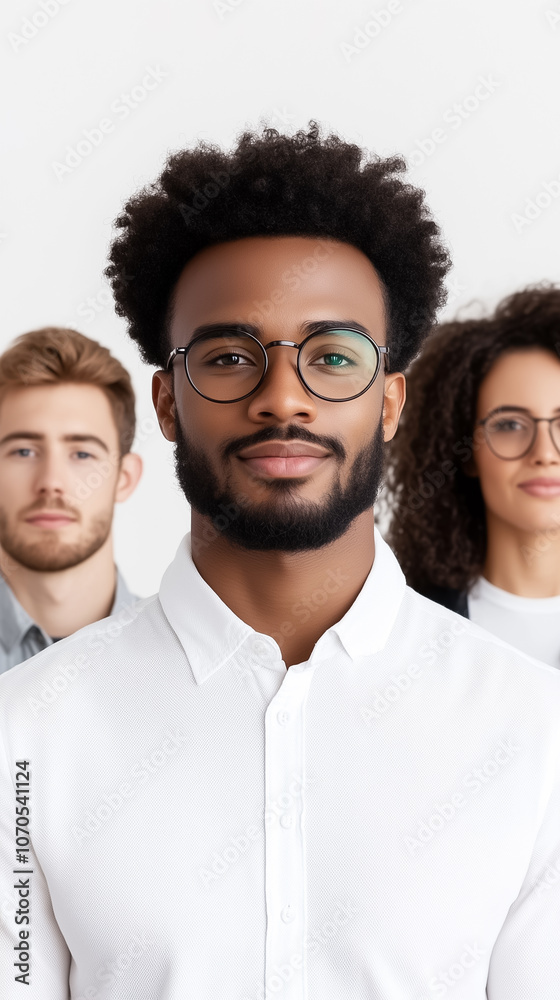 Three professionals stand together, showcasing their stylish eyewear in a modern, well-lit environment Three professionals stand together, showcasing their stylish eyewear in a modern, well-lit environment