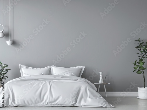 A minimalist bedroom with a large window. a bed with white linens. a wooden chair. and a potted plant The room is decorated with a large framed canvas and a gray rug Sunlight streams through the windo photo