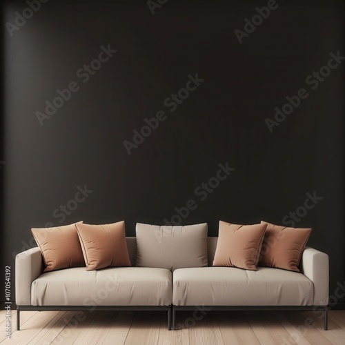 A brown sofa with pink pillows in front of a dark wall There is a side table with a vase of flowers A rug is on the floor