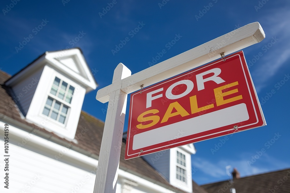 A 'For Sale' real estate sign placed in front of a house A 'For Sale' real estate sign placed in front of a house