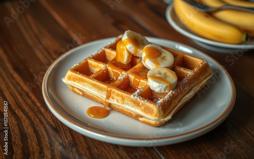 A waffle topped with banana slices and caramel sauce sits on a plate on a wooden table