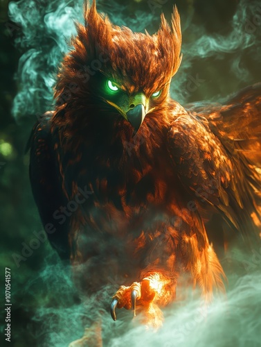 Majestic Fiery Phoenix with Glowing Eyes and Outstretched Claws in Mystical Forest Setting photo