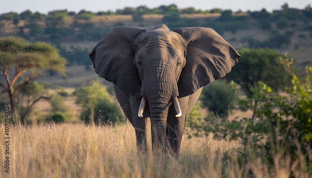 Fototapeta premium A majestic elephant standing amidst tall golden grasses, with its large ears spread out