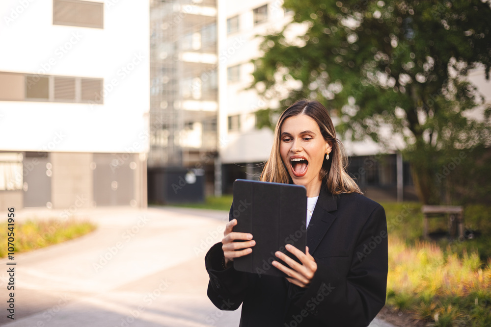 Fototapeta premium Happy delighted satisfied business woman looking tablet gesturing yes winning wow pose standing at urban city office. Overjoyed excited girl in jacket doing winner gesture, read good news.