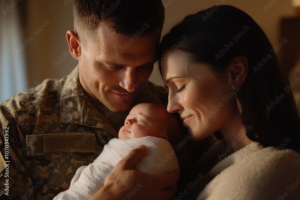 A soldier and partner hold their sleeping newborn, basking in the warmth of a serene family moment, emphasizing themes of love, care, and tranquility. A soldier and partner hold their sleeping newborn, basking in the warmth of a serene family moment, emphasizing themes of love, care, and tranquility.