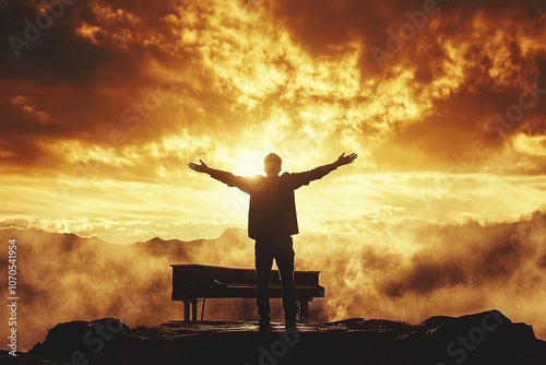 silhouette of a man opening his arms wide in the top of the mountain, ray of light worship song photo