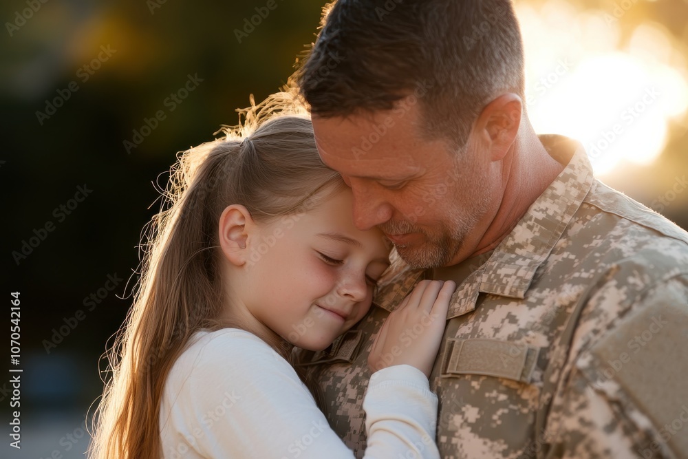 A soldier dressed in uniform hugs his smiling daughter tightly, sharing a heartfelt moment surrounded by glowing sunlight, symbolizing family love and reunion outdoors.
