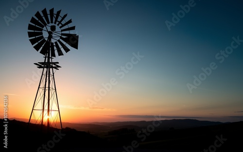 A silhouette of a windmill set against a backdrop of a sunset
