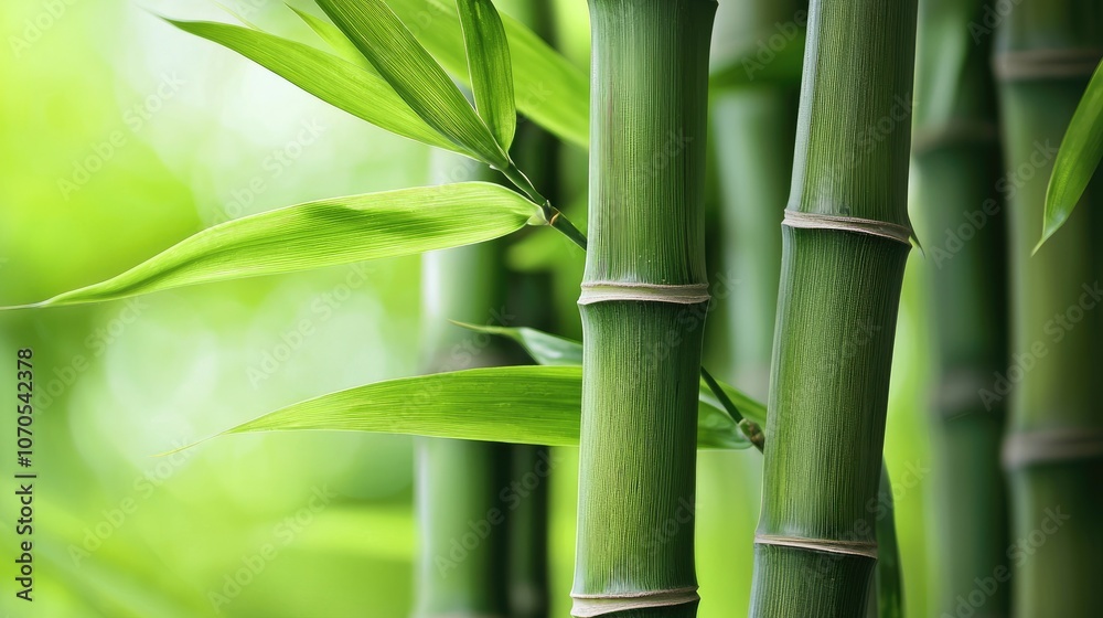 Obraz premium Close-up of green bamboo stalks with leaves.