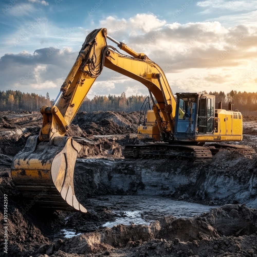 Soil excavation site heavy equipment performing large scale soil removal creating clear space for construction