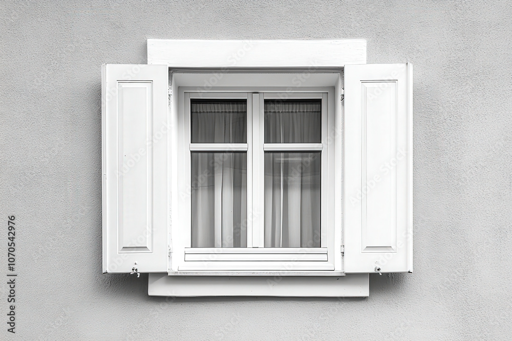 white window with shutters on a gray wall showcasing minimalist architectural design in a calm urban setting white window with shutters on a gray wall showcasing minimalist architectural design in a calm urban setting