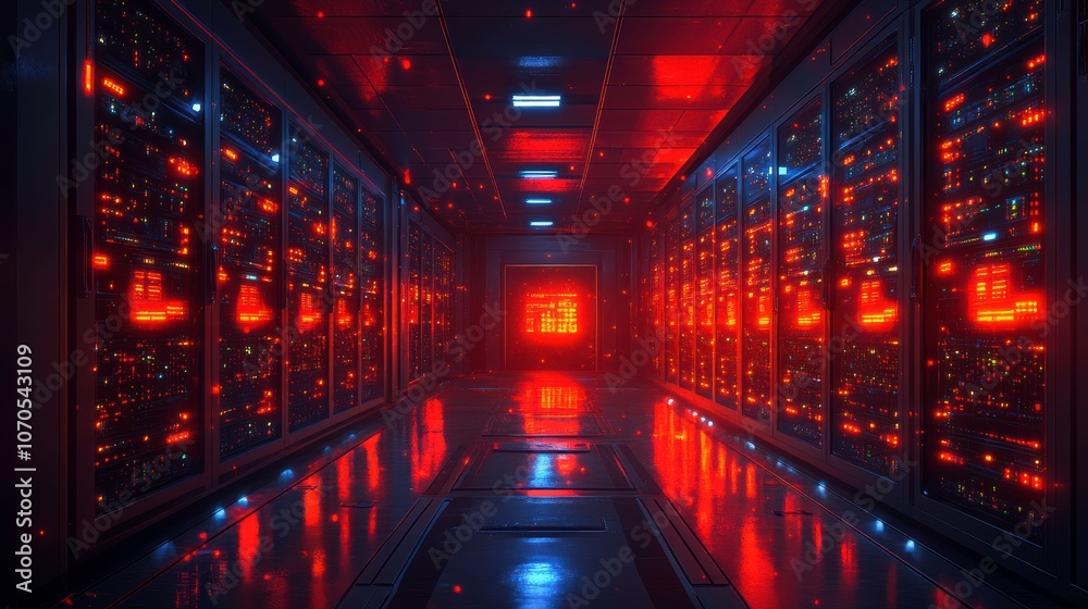 Futuristic Server Room with Glowing Digital Elements Futuristic Server Room with Glowing Digital Elements