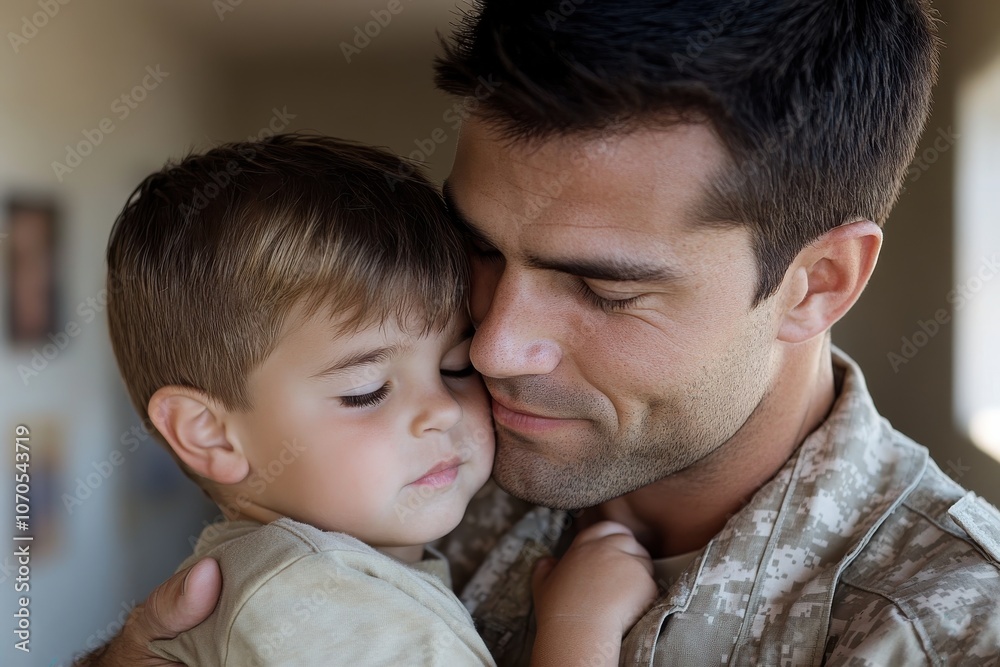 A father held his young son close, capturing a touching scene depicting love, protection, and the deep bond within a familial relationship in a serene setting. A father held his young son close, capturing a touching scene depicting love, protection, and the deep bond within a familial relationship in a serene setting.
