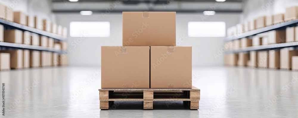 Three cardboard boxes stacked on a wooden pallet in a spacious warehouse, with shelves in the background and a clean floor. Three cardboard boxes stacked on a wooden pallet in a spacious warehouse, with shelves in the background and a clean floor.