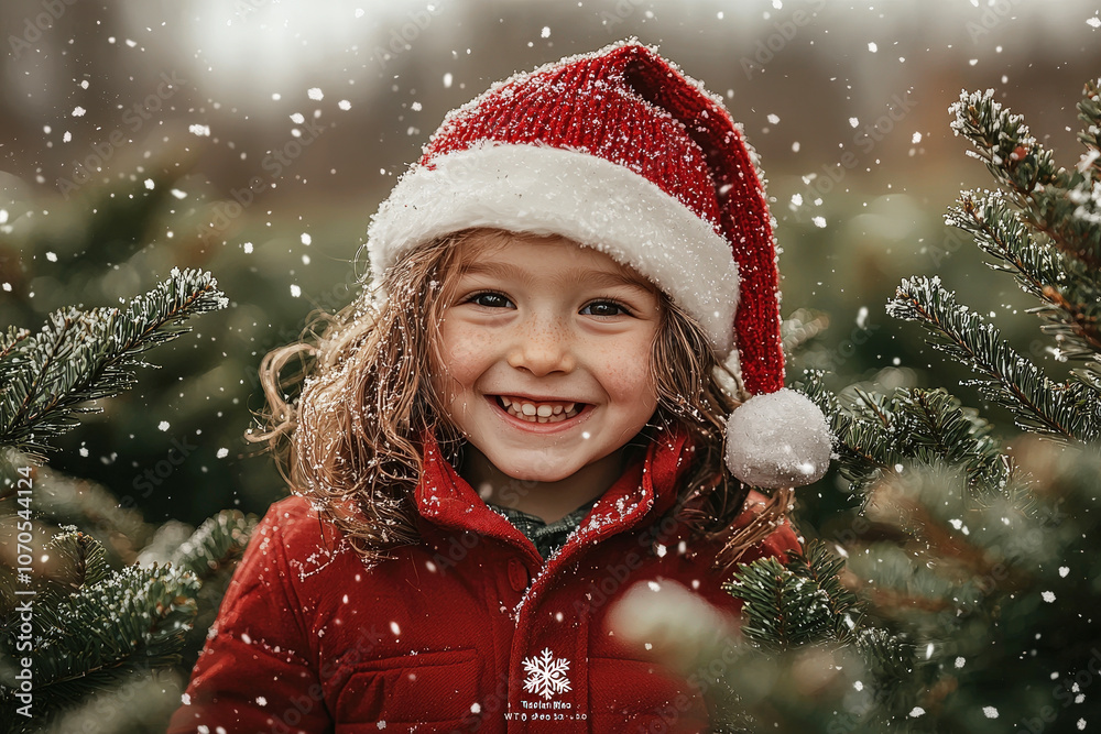 A happy child stands among evergreen trees, wearing a bright red jacket and a Santa hat, as snowflakes gently fall around