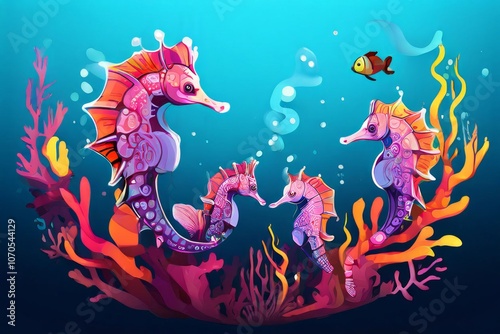 group of seahorses swimming in a coral garden their unique shape photo