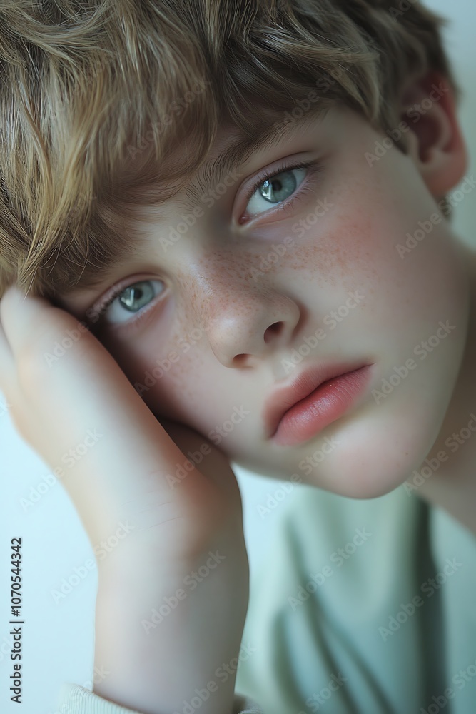 Close-up Portrait of a Young Boy with Freckles and Blue Eyes